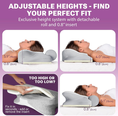 3-in-1 Orthopedic Pillow, Cervical Neck Pillow for Sleeping, Adjustable Height Memory Foam Neck Pillow and Detachable Roll, Contour Pillow for Neck Pain Relief for All Sleeping Positions (Gray)