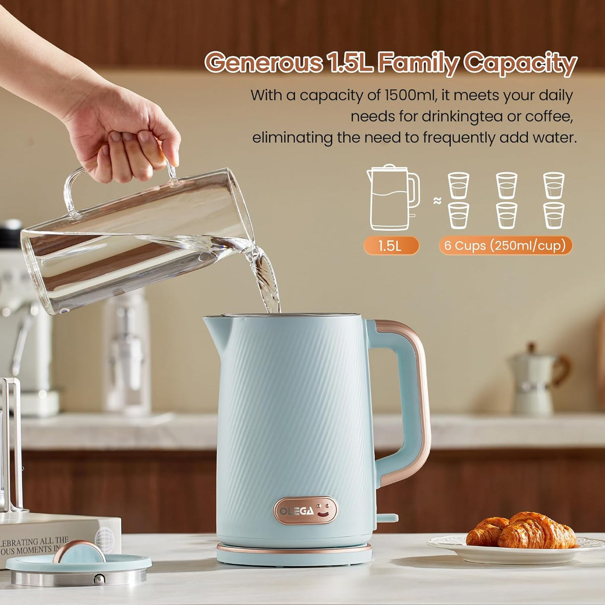 OLEGA Electric Tea Kettle: 1200W Fast Boil Electric Water Kettles 1.5L