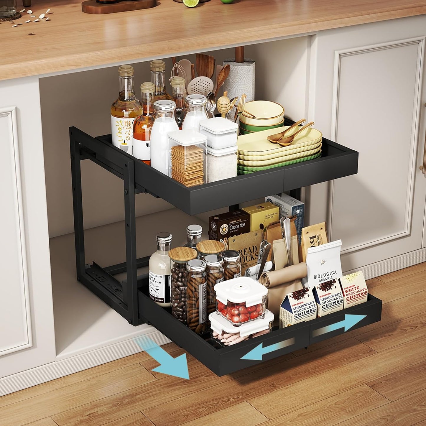 Golener 2-Tier Expandable Pull Out Cabinet Organizer, Cabinet Drawers, 16"D | Cabinet Pull Out shelves, Adjustable Pantry Drawers, Slide Out Drawers for Kitchen Cabinets, Under Sink Organizer, Black