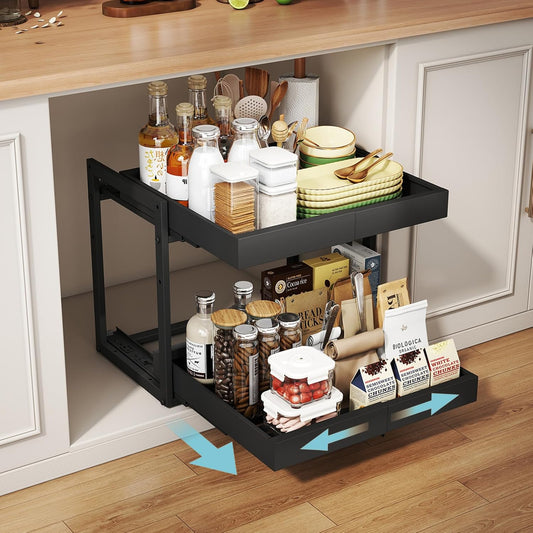 Golener 2-Tier Expandable Pull Out Cabinet Organizer, Cabinet Drawers, 16"D | Cabinet Pull Out shelves, Adjustable Pantry Drawers, Slide Out Drawers for Kitchen Cabinets, Under Sink Organizer, Black