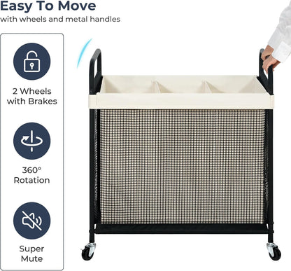 STO STO Laundry Hamper 2 Section, 100L Rolling Laundry Sorter Cart with Removable and Washable Liner Bag, Clothes Hamper with Wheels and Metal Handle for Laundry Room and Bedroom