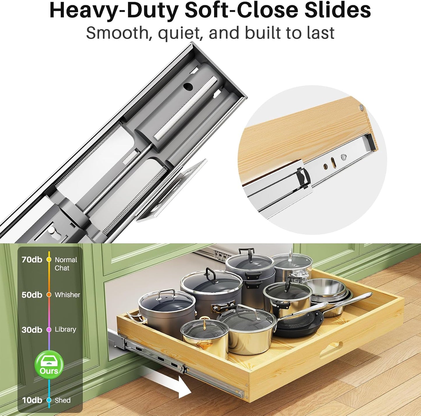 Pull Out Cabinet Organizer, Soft Close Wooden Slide Out Drawers for Pots and Pans, Full-extension Roll Out Shelves for Kitchen Cabinets, Pantry Organization, Bottom & Side Mount(15"W X 21"D x 3.4''H)