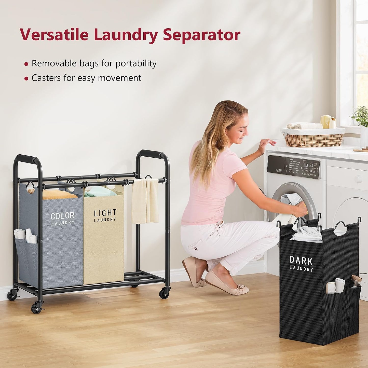 2 Bag Laundry Sorter Cart, Black & Grey | 50lbs Large Capacity, Removable Laundry Bags, Heavy Duty Lockable Rolling Wheels, Laundry Hamper Basket for Clothes Storage