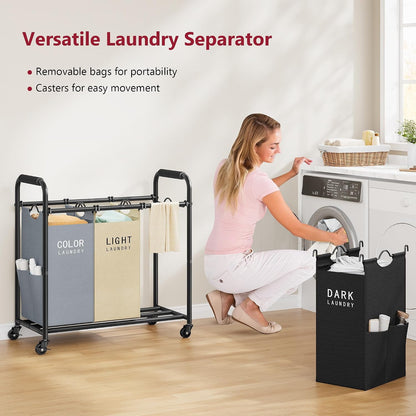2 Bag Laundry Sorter Cart, Black & Grey | 50lbs Large Capacity, Removable Laundry Bags, Heavy Duty Lockable Rolling Wheels, Laundry Hamper Basket for Clothes Storage