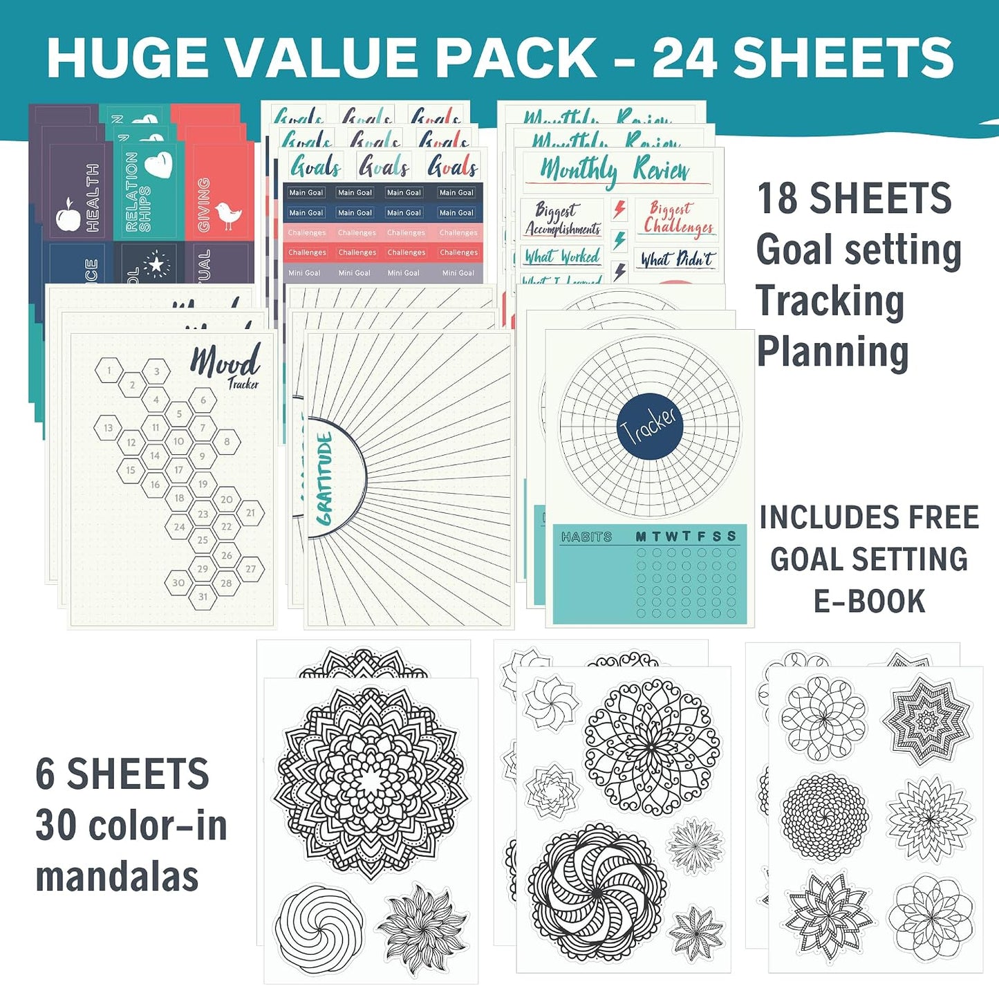 Improve Yourself Planner Stickers Set - Large Value Pack 24 Sheets Self-Improvement Sticker Pack - Goal Setting, Habit Trackers, Gratitude, Mood Tracker, Colorable Mandalas for Bullet Dotted Journals