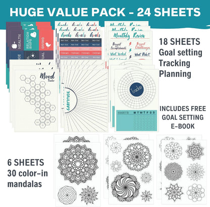 Improve Yourself Planner Stickers Set - Large Value Pack 24 Sheets Self-Improvement Sticker Pack - Goal Setting, Habit Trackers, Gratitude, Mood Tracker, Colorable Mandalas for Bullet Dotted Journals