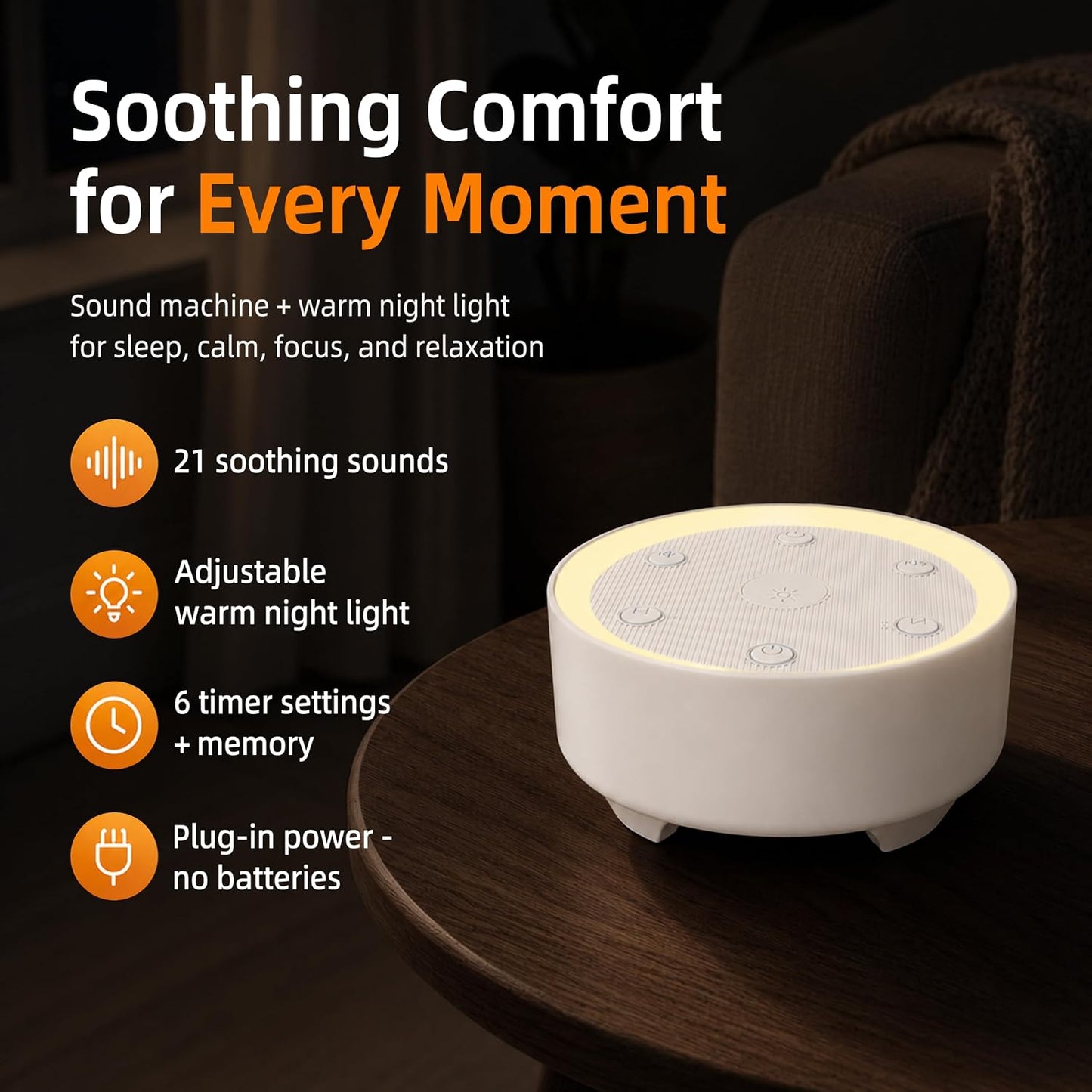 Kipcush White Noise Machine for Sleeping, Baby & Adults, High-Fidelity Non-Looping Sounds, Sleep Sound Machine with Dimmable Night Light, USB Powered, Memory Function, Home, Nursery & Travel