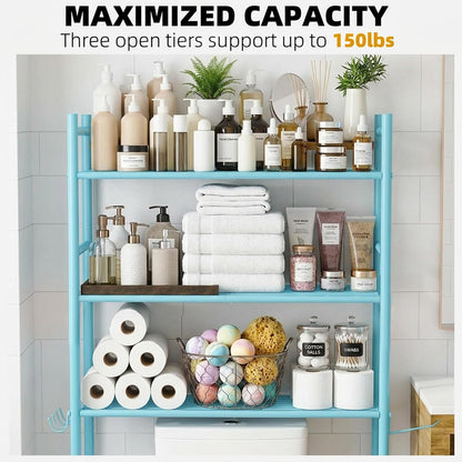 GloTika 3-Tier Over Toilet Storage, Anti-Tilt, 64" H, Black | Anti-Tilt Safety System, 150lb Capacity, Carbon Steel, Freestanding, No Drilling, Anti-Rust Coating, Paper Holder & 4 Hooks