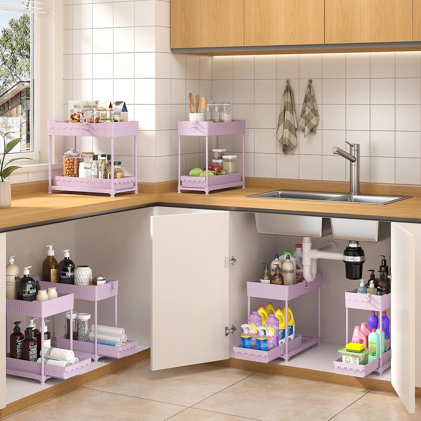 3-Pack 2-Tier Under Sink Organizers with Sliding Drawers | Multi-use kitchen & bathroom storage, 12.8 inch black cabinet organizer, space-saving sliding drawer design.