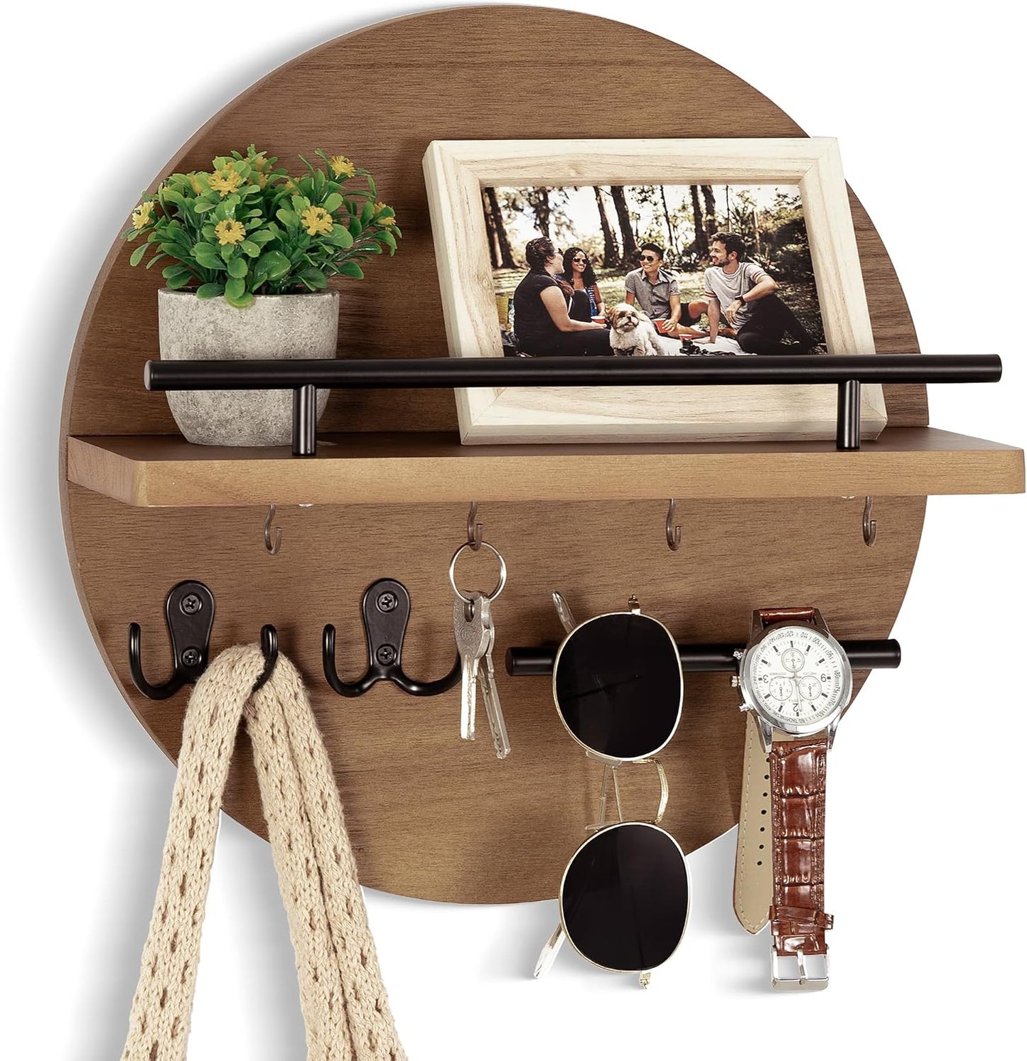 Key Holder for Wall Decorative with Shelf and Hooks, Mail Organizer Wall Mount with Sunglasses Holder, Circular Design Entryway Key Rack Hanger, Rustic Home Decor Boho Wall Decor (White)