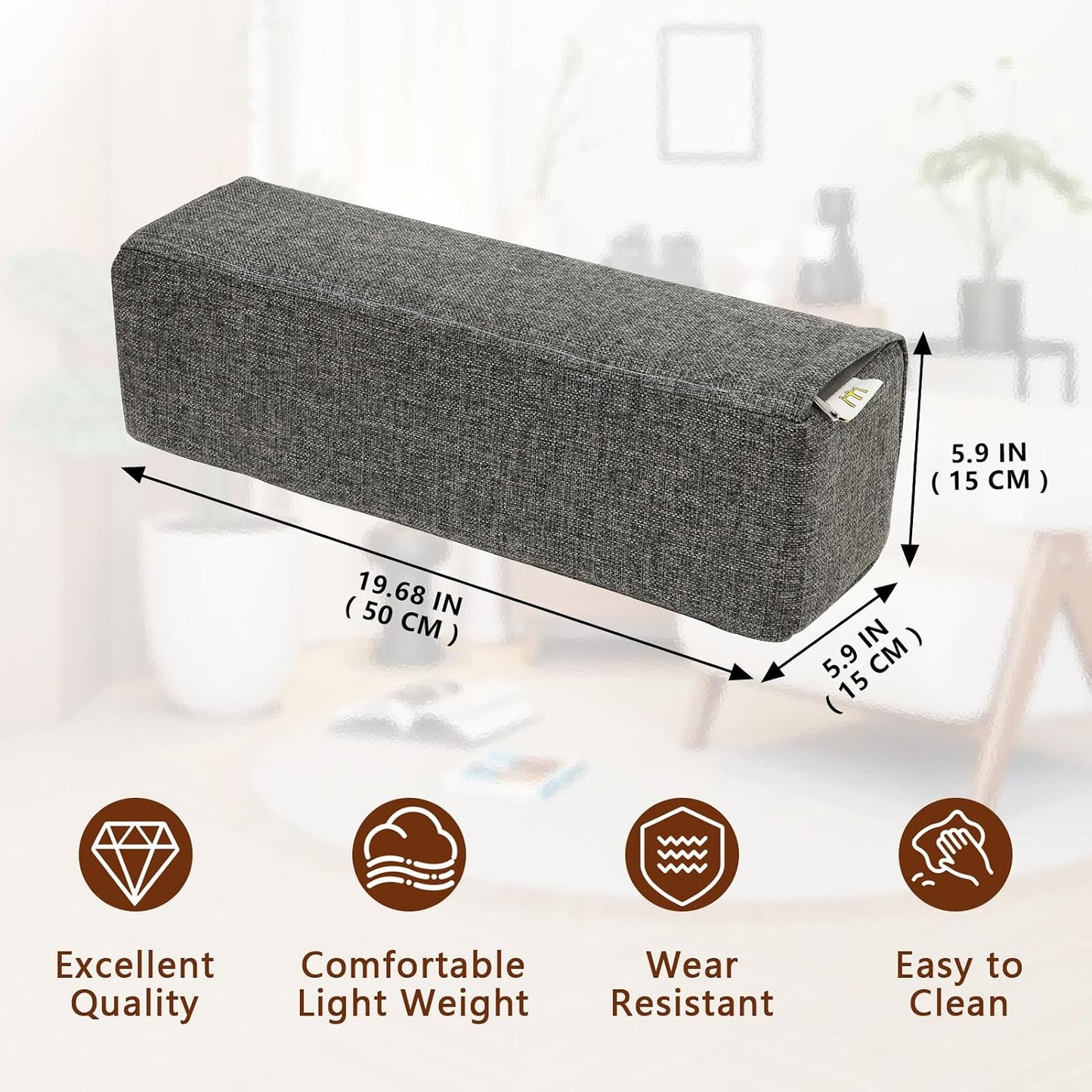 2 Pack Couch Arm Rest Pillow, 6''x6''x20'' Faux Leather Waterproof Cover, High Density Foam Armrest Cushion, Removable & Washable Elbow Support for Sofa, Bed, and Armchair (Medium Grey)