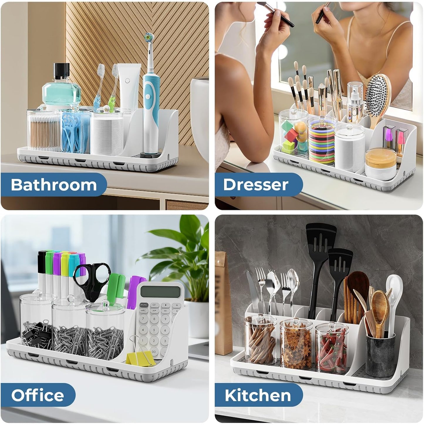 Bathrooms Toothbrush Holder Set with 3 PCS Qtip Holder (Wood Grain) | Easy to clean, Drainage, Detachable, Non-Slip, Kids Electric Toothbrush and Toothpaste Holder for Bathroom Counter Organizer