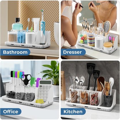 Bathrooms Toothbrush Holder Set with 3 PCS Qtip Holder (Wood Grain) | Easy to clean, Drainage, Detachable, Non-Slip, Kids Electric Toothbrush and Toothpaste Holder for Bathroom Counter Organizer