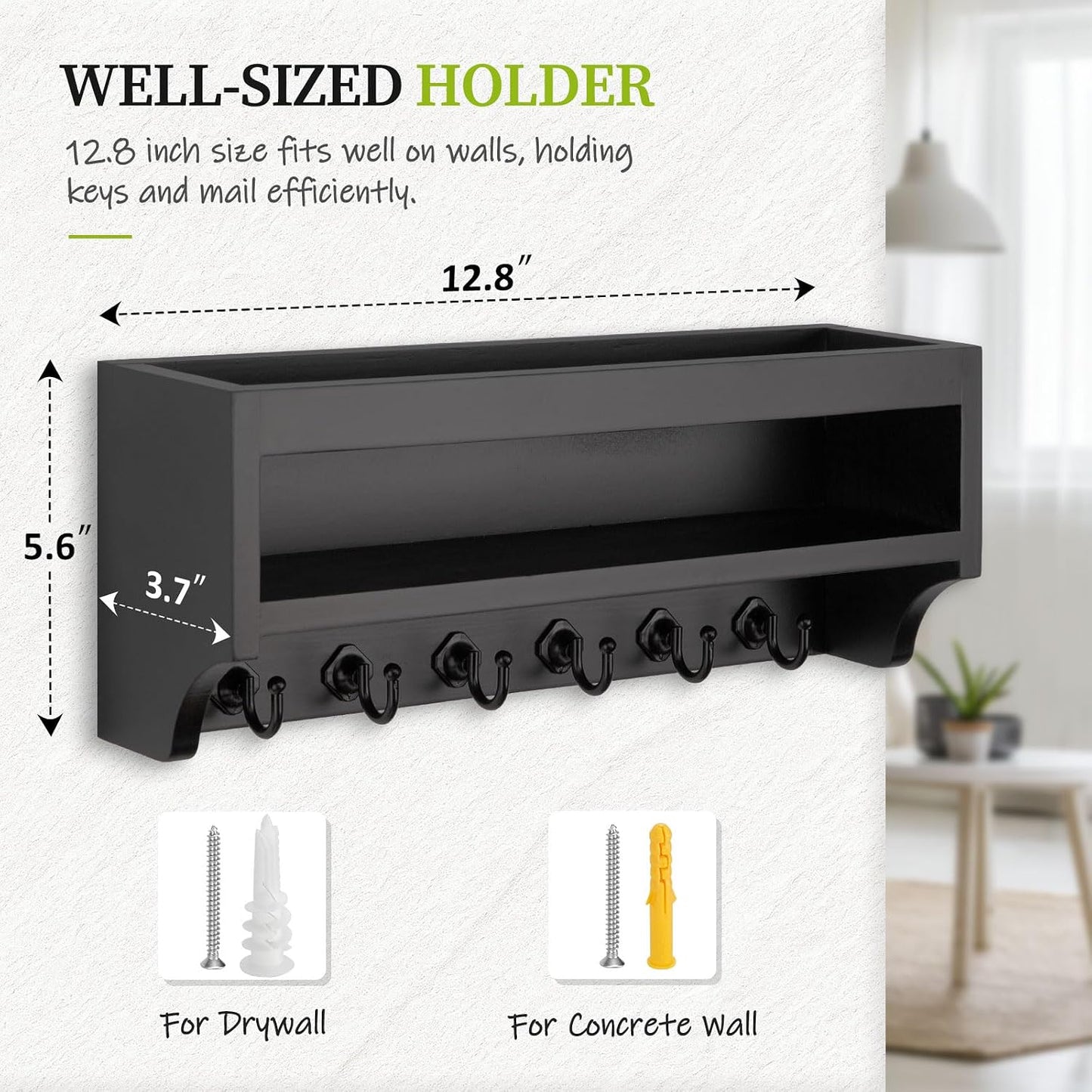 Nekon Key Holder Wall Mount, Pine Wooden Mail Organizer, White | 12.8"W x 5.6"H x 3.7"D Wall Mounted Key and Mail Organizer with 6 Key Hooks, Key Rack for Home Entryway Decor