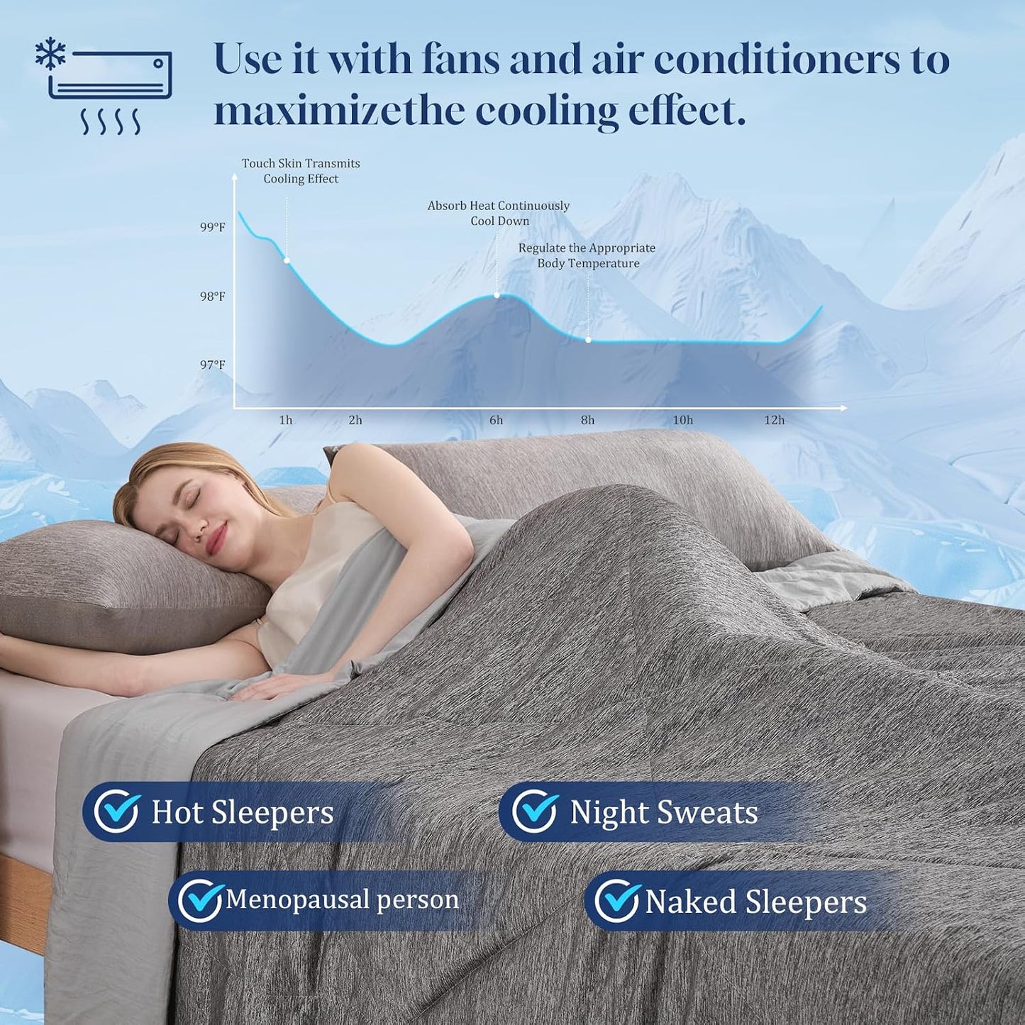 VK VK·LIVING Cooling Comforter King Size, Summer Cooling Blanket for Hot Sleepers and Night Sweats, Double-Sided Q-Max 0.45 Lightweight Breathable Soft Cooling Quilt for Bed Couch, 90"x108", Dark Gray