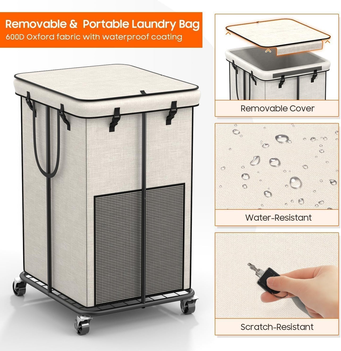 Laundry Hamper with Wheels, 150L Rolling Laundry Basket with Bag & Handles | Sturdy Metal Frame | Removable Bag | Large & Tall Dirty Clothes Hampers for Laundry Room, Bedroom, Dorm, Bathroom-Black