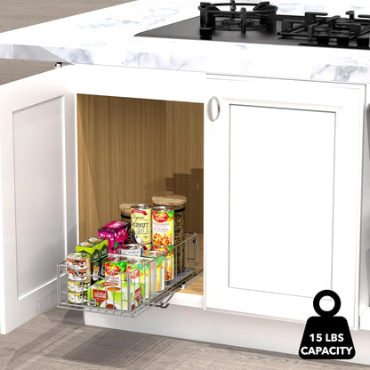 Simple Houseware Pull-Out Cabinet Sliding Basket, 17.2Dx9.7Wx5H, Chrome | Ideal for Kitchen and Bathroom Cabinet Storage Organizer, Under Sink or Pantry Organization