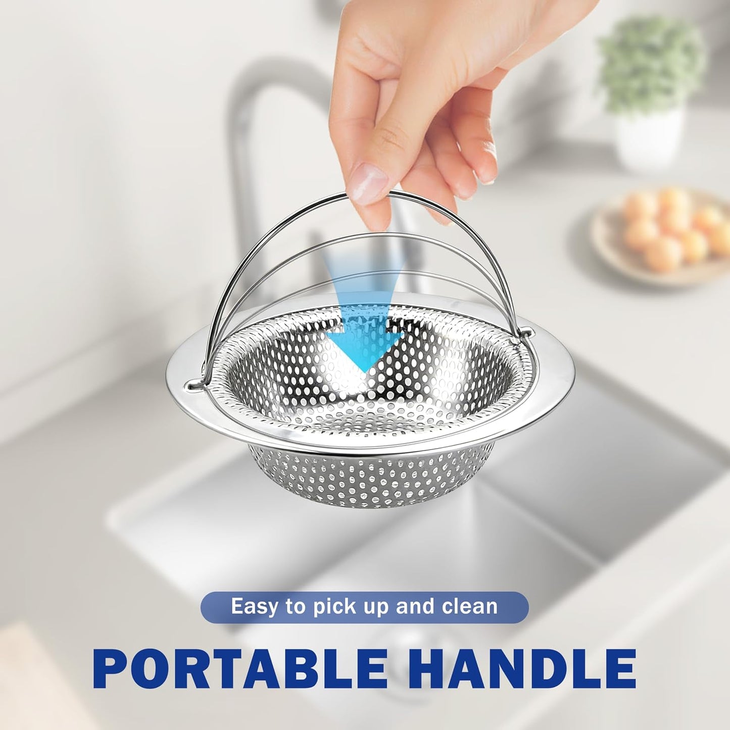 2 Pack Kitchen Sink Drain Strainer with Handle, Universal Stainless Steel Food Catcher Basket, Rust Free, Fits Most Kitchen Sinks