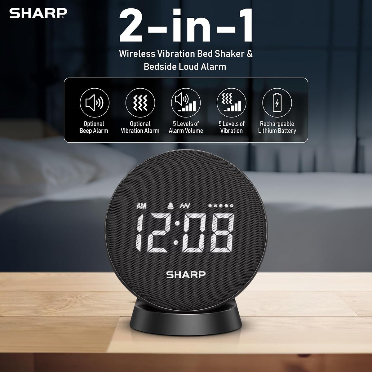 Sharp Vibrating Alarm Clock for Heavy Sleepers with Loud Bed Shaker