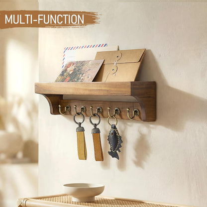 Rebee Vision Key Holder Wall Mount with 5 Hooks for Entryway, Retro Brown | Display Shelf for Plant & Letters, Key Shelf for Hats, Dog Leashes, Mail Organizer, Decorative Entryway & Living Room