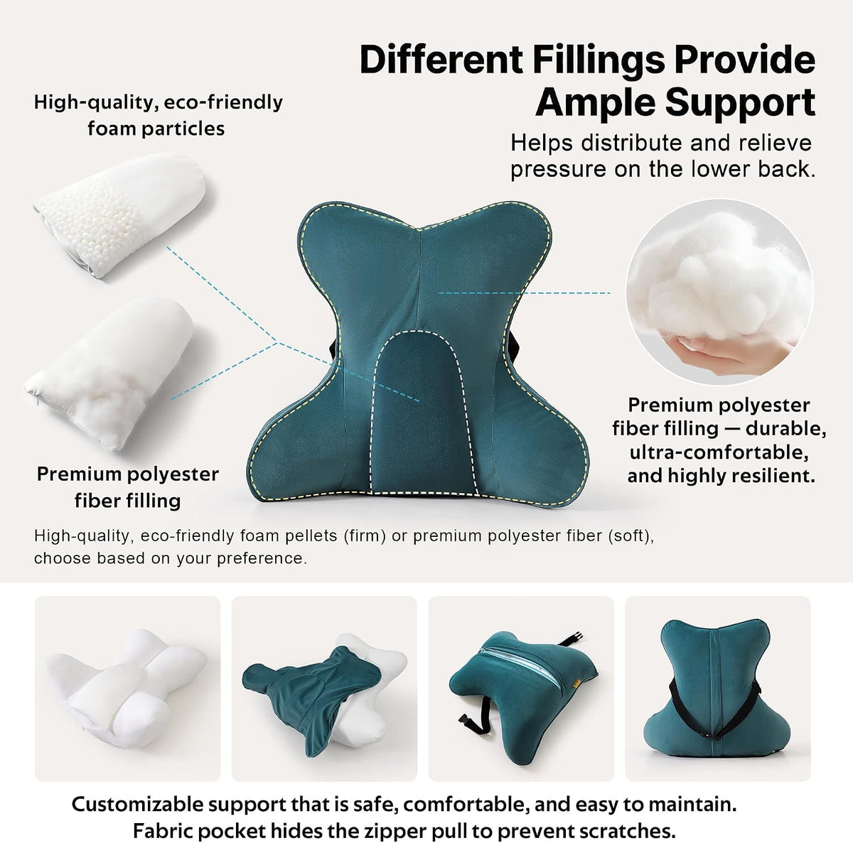Lumbar Support Pillow(Pat. Pend) – Multi-Functional Ergonomic Back Cushion for Sofa Chair, Car Seat & Sofa, Reading Pillow with Firm Multi-Zone Support to Relieve Lower Back Pain, Misty White