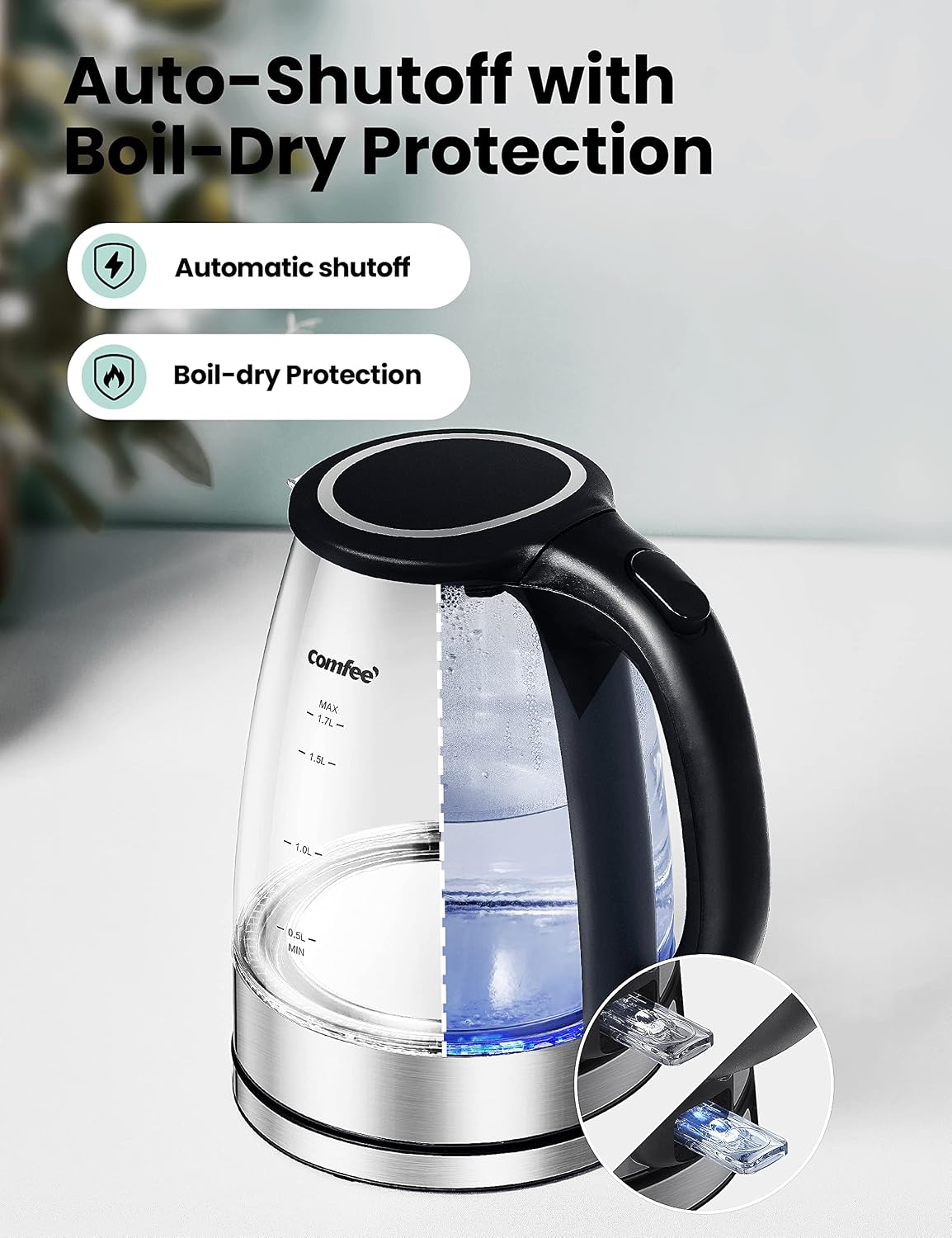 COMFEE' 1.7L Glass Temperature-Control Electric Kettle with 6 Preset Modes
