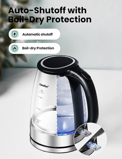 COMFEE' 1.7L Glass Temperature-Control Electric Kettle with 6 Preset Modes