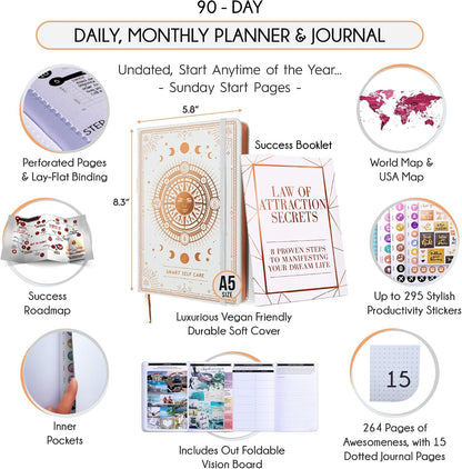 Freedom Mastery Daily Journal of Gratitude, Productivity & Habit Tracker | Undated 90-Day Planner with Daily Reflection, Mindfulness, Positivity, Vision Board & Stickers, Gratitude Journal for Women