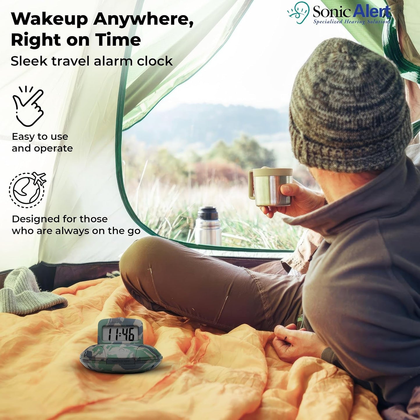 Sonic Alert Digital Alarm Clock - Small Travel Clocks for Heavy Sleepers - Battery Operated with Vibrating Bed Shaker - Green Camo