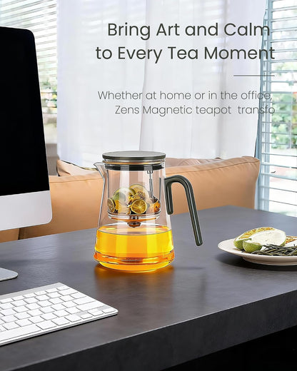 ZENS Magnetic Glass Infuser Teapot for Loose Tea, 27oz Walnut Wood Handle | Magic Teapot with Infuser, Echanted Tea Maker, Mess-Free Loose Leaf Tea Diffusers for Tea lover Gifts