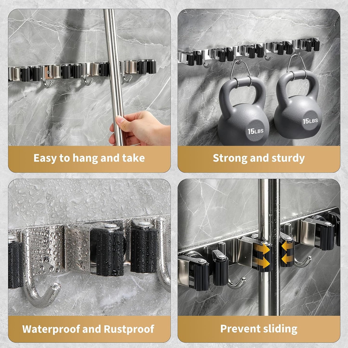 Broom Holder Wall Mount, Mop Organizer, 5 Racks, 4 Hooks, Heavy Duty | Rust-Resistant Stainless Steel, Non-Slip Grip, Adhesive or Screw Mount for Garage, Laundry Room and Garden Use, 1 Pack,Silver