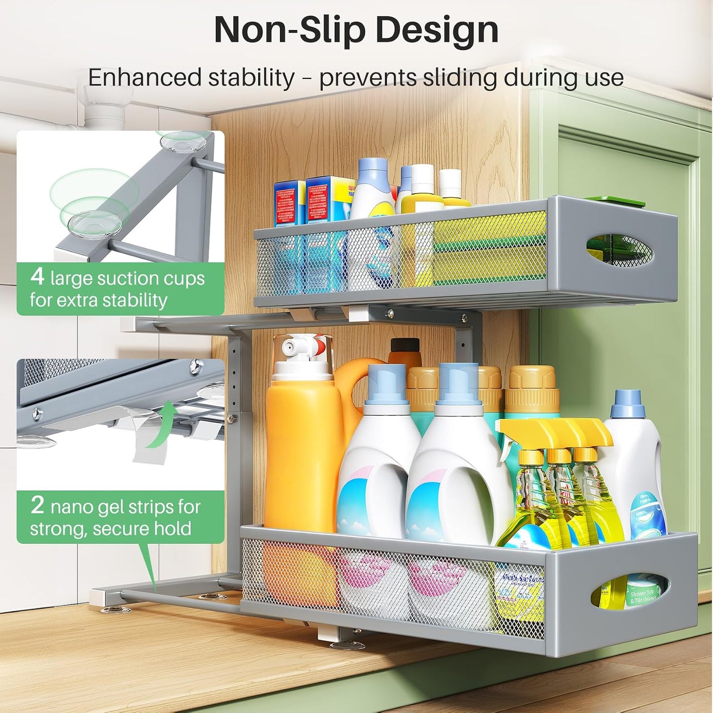 Under Sink Organizer, 2 Tier Pull out Cabinet Organizer Baskets with Mesh Sliding Drawers, Slide out Storage Shelf for Home, Kitchen, Bathroom, Pantry, Office Cabinet, Countertop(1 Pack)