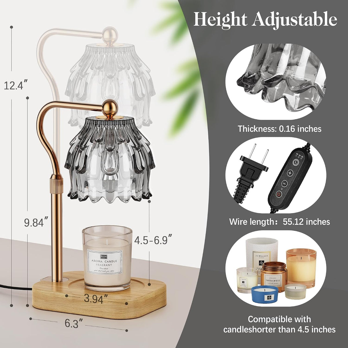 Candle Warmer Lamp with Timer Dimmer, Modern Wax Warmer for Scented Wax Jar Candle Warmer with 2 Bulbs, Adjustable Height Glass Lamp for Gifts for Women, Home Decor, Gold Amber