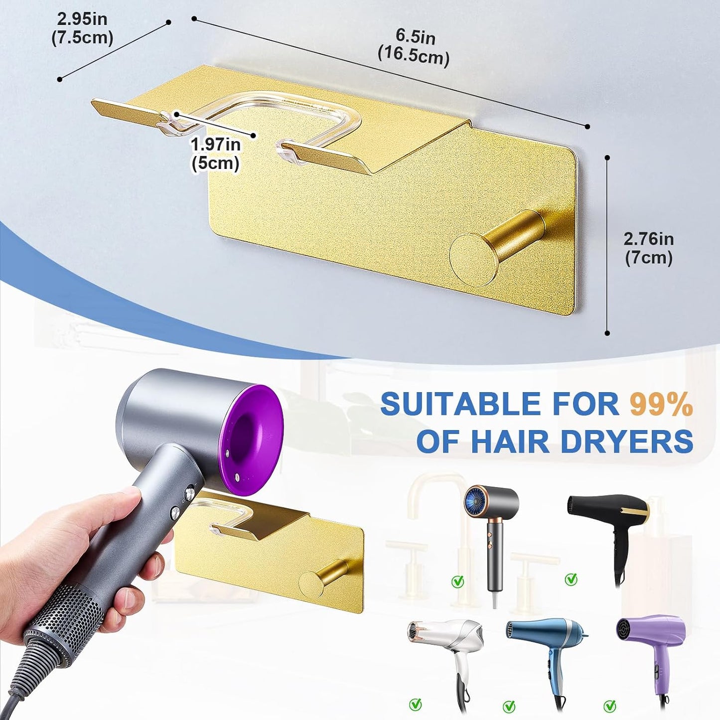 Hair Dryer Holder Wall Mounted, Blow Dryer Holder Adhesive, Metal Hairdryer Holder for Bathroom, Hair Tool Organizer with Plug&Cord for Cabinet Bathroom Bedroom Barber Shops (Rose Gold)