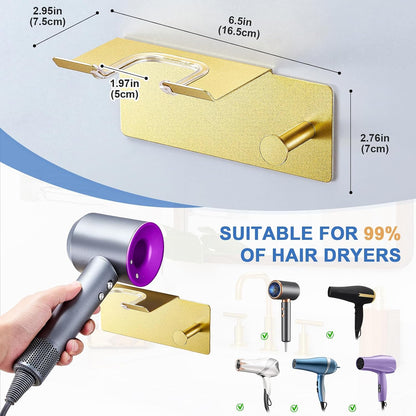 Hair Dryer Holder Wall Mounted, Blow Dryer Holder Adhesive, Metal Hairdryer Holder for Bathroom, Hair Tool Organizer with Plug&Cord for Cabinet Bathroom Bedroom Barber Shops (Rose Gold)