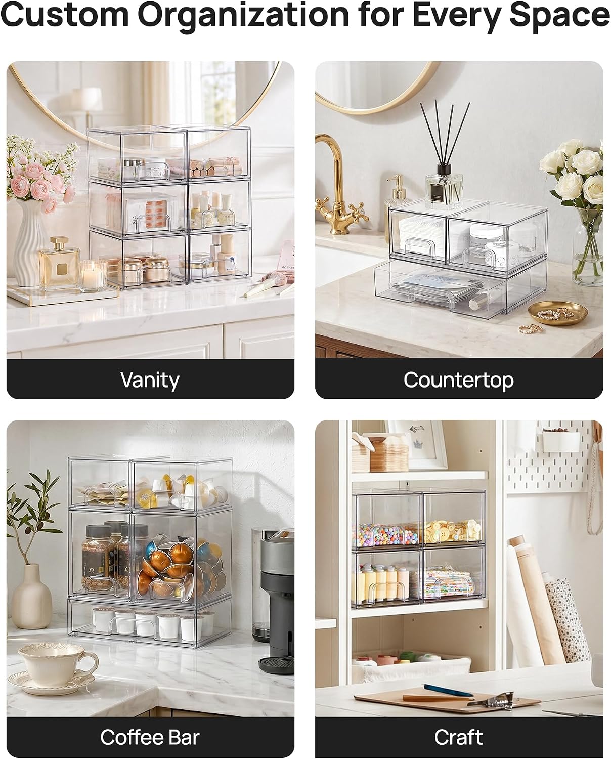 Vtopmart Clear Stackable Storage Drawers Set of 6, Plastic Organizer Bins | Multi-purpose Boxes for Bathroom Accessories Storage, Ideal for Cabinet, Shelf, Pantry, Laundry Room Organization