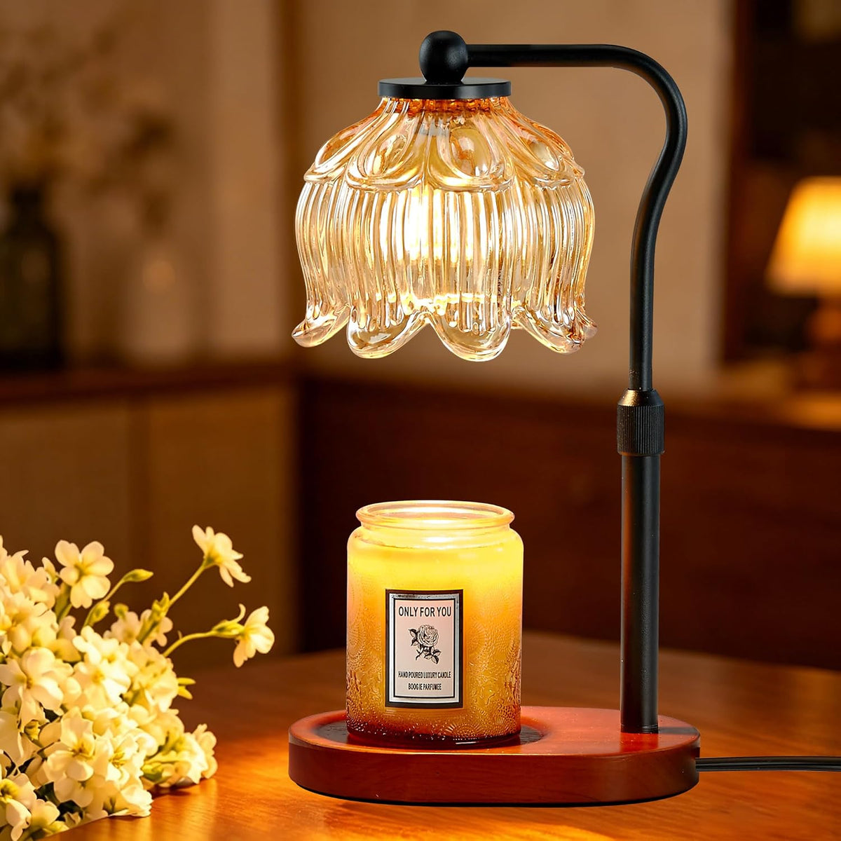CASTLELIFE Electric Candle Warmer Lamp with Timer & Dimmer, Height Adjustable Wax Warmer for Jar Candles, Flower Wax Melter with Wood Base, Home Decor House Warming Gifts for Women Mom, Natural Wood