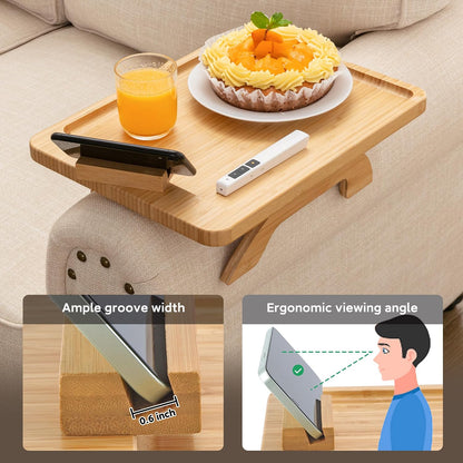 Couch Arm Tray,Bamboo Sofa Clip on Side Table,Foldable Couch Armrest Table with 360°Rotating Phone Holder,Anti Slip Food Trays for Eating/Drinks/Snacks/Remotes 15.35" x 9.85"