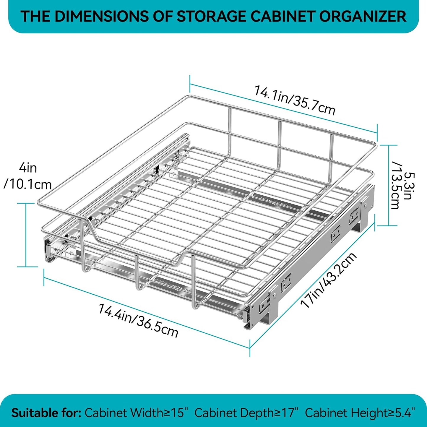 Pull Out Cabinet Organizer 15" W X 22" D, Chromed, Full Slide Out Drawers | For Kitchen Organizers and Storage, Pull Out Drawers For Cabinets Capacity Heavy Duty Caddy, Cabinet Shelves, Bathroom Pantry