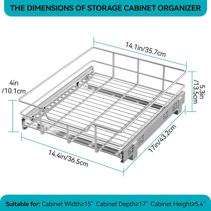Pull Out Cabinet Organizer 15" W X 22" D, Chromed, Full Slide Out Drawers | For Kitchen Organizers and Storage, Pull Out Drawers For Cabinets Capacity Heavy Duty Caddy, Cabinet Shelves, Bathroom Pantry
