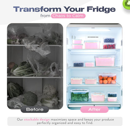 Fruit Storage Containers for Fridge - Set of 4 - Airtight Lid Keeps Fresh - For Fruit & Vegetable Storage - Space-Saving Design - Ideal for Produce, Berries, Snacks - Pink