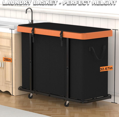 Laundry Hamper with Wheels,150L Leather Patchwork Clothes Hamper Black | Rolling Laundry Basket with Sturdy Metal Frame, Removable Washable Bag,Tall Clothes Sorter for Bedroom, Laundry Room, Dorm