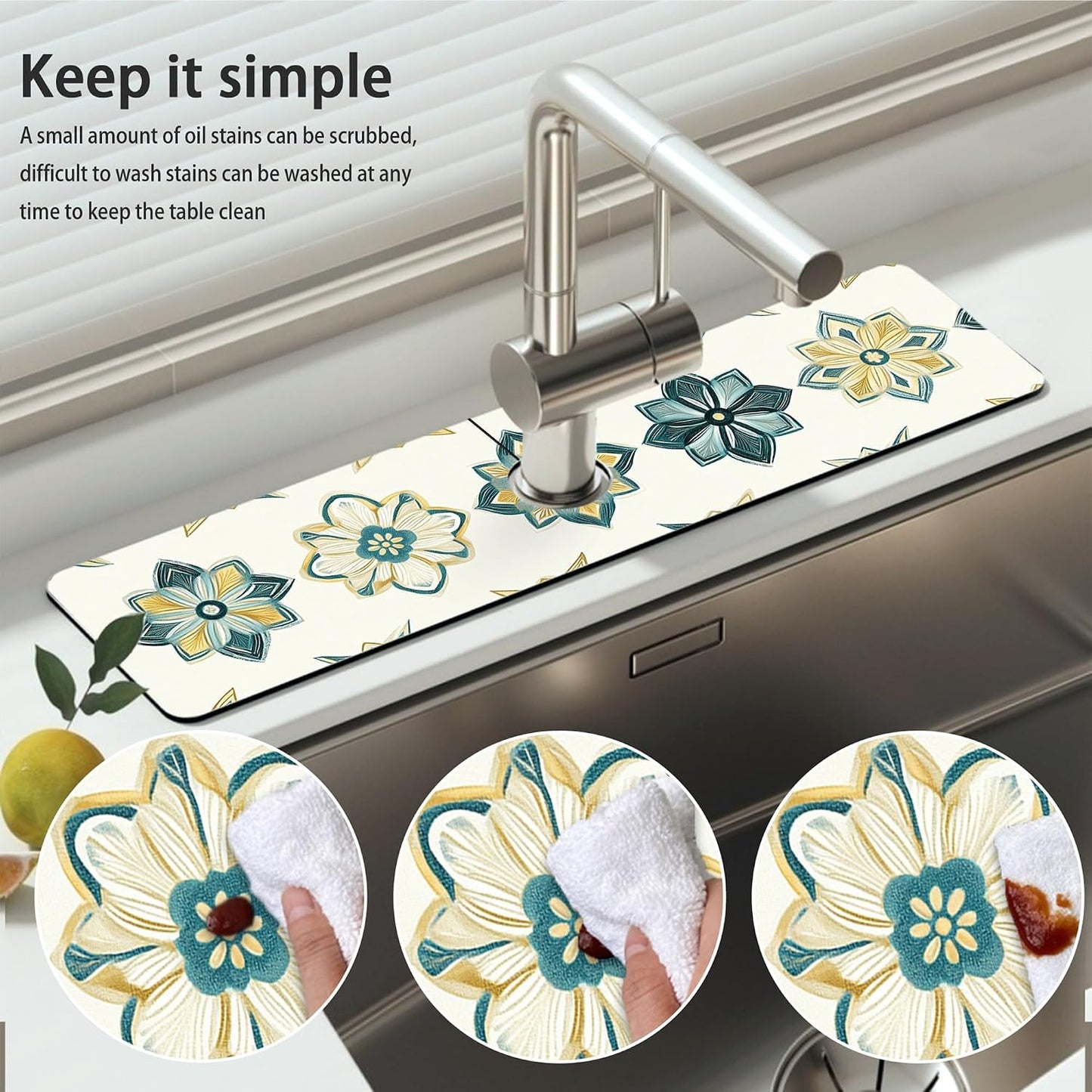 Bimkole 2 PCS Faucet Absorbent Mat, Kitchen Faucet Sink Splash Guard Wraparound Cloth Pads Drip Catcher for Sink Faucet for Kitchen Bathroom Faucet, Colorful Faucet Mat, 15 x 4 Inch Flower A6