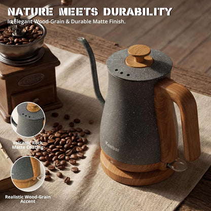 Gooseneck Electric Kettle, 0.8 L, 1000 W, Auto Shut-Off, Light Green | Compact 0.8 L Kettle With Stainless Steel Interior, Gooseneck Pour, Wood-Grain Handle, Auto Shut-Off And Boil-Dry Protection
