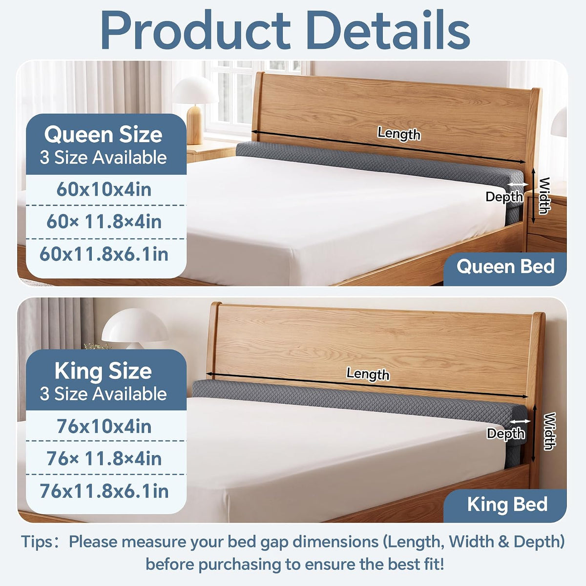 HOMBYS T-Shaped Bed Gap Filler Between Mattress and Headboard, 60'' One-Piece Connected Foam Wedge Pillow, Fits 2.3-4 Inch Bed Gaps, Prevents Pillows, Toys & Remotes from Falling, Soft Washable Cover