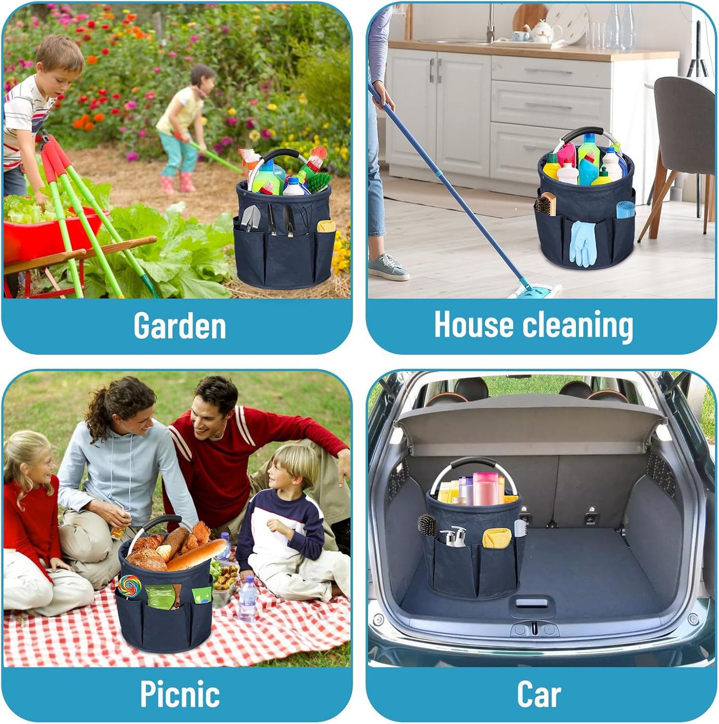 Qivine 17L Cleaning Caddy with Handle, Foldable Cleaning Supply Caddy(Blue) | Cleaning Caddy for Cleaning Supplies, Portable Cleaning Supplies Organizer with 6 Pockets, Cleaning Bucket for Kitchen Garden