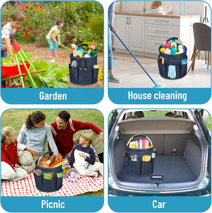Qivine 17L Cleaning Caddy with Handle, Foldable Cleaning Supply Caddy(Blue) | Cleaning Caddy for Cleaning Supplies, Portable Cleaning Supplies Organizer with 6 Pockets, Cleaning Bucket for Kitchen Garden