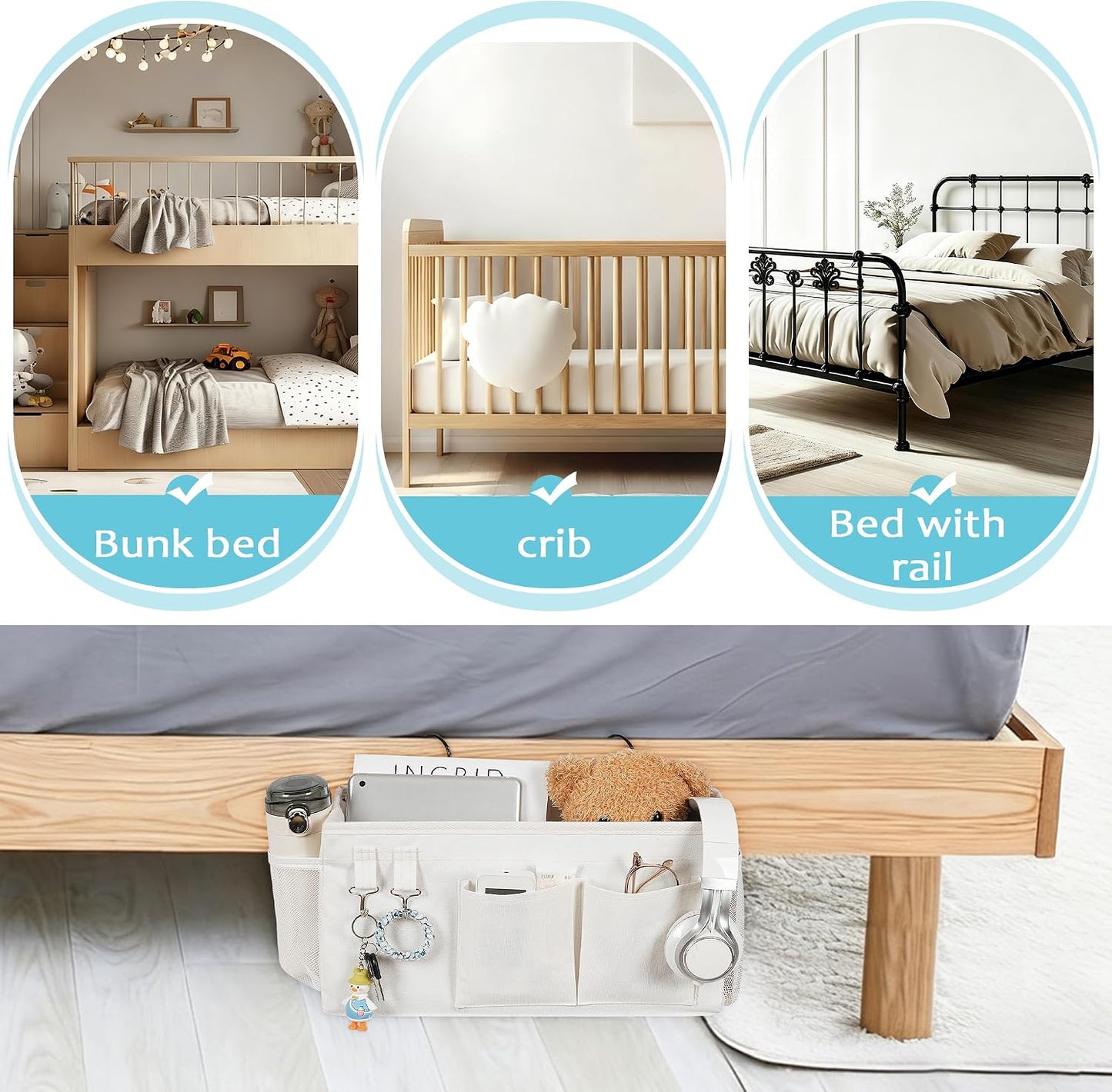 Bedside Caddy, Bedside Storage Bag Hanging Organizer for Bunk Dorm Bed Rail | Bed Caddy with Hooks, Top Bunks and Dorm Essentials for Water, Tissues, Tablets, Books, Phones, Remotes and Other Necessories