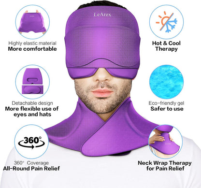 3 in 1 Migraine Relief Cap Neck Ice Pack Wrap Gel and Ice Eye Masks, Detachable Ice Caps with Eyes Masks, Hot and Cold Therapy for Relief of Headaches, Stiff Neck and Eye Fatigue (Purple)