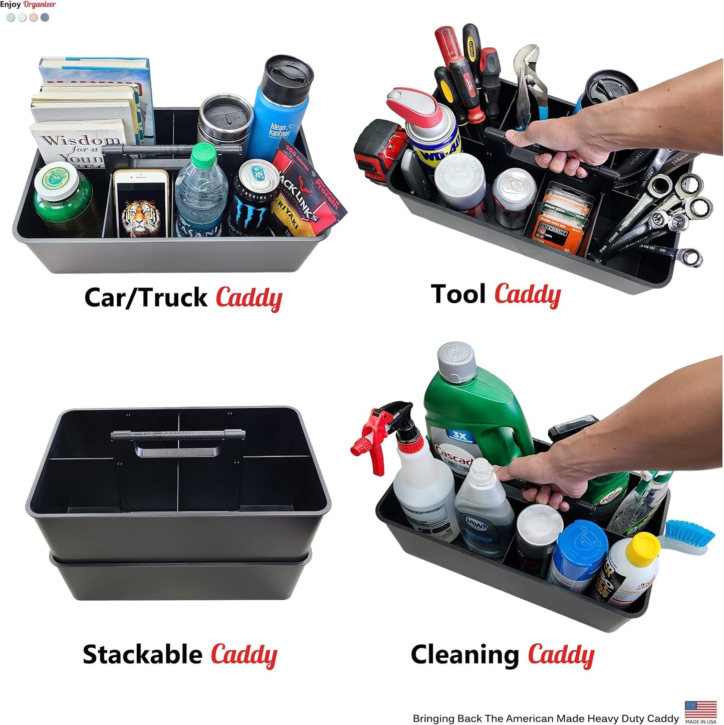 Enjoy Organizer- Commercial Large Portable Caddy Stackable Carry Caddy, Black, Carrier for Cleaning Supplies, Tools, All-Purpose Carry Caddy Made In USA (Black)